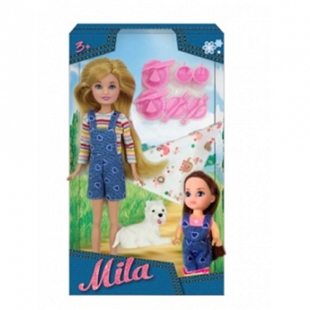 Кукла Мила 23 см. с куклой Вики 12 см., собачкой и набором для пикника 